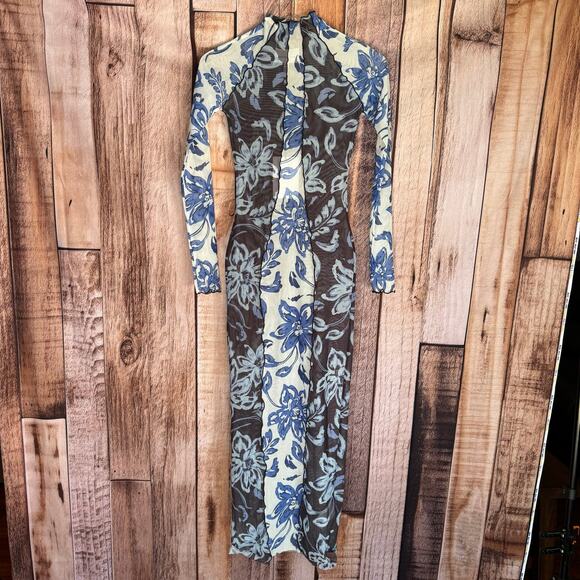 Significant Other Jean Dress Hibiscus Splice Mesh Floral Bodycon Floral US 2 NWT - Picture 2 of 11